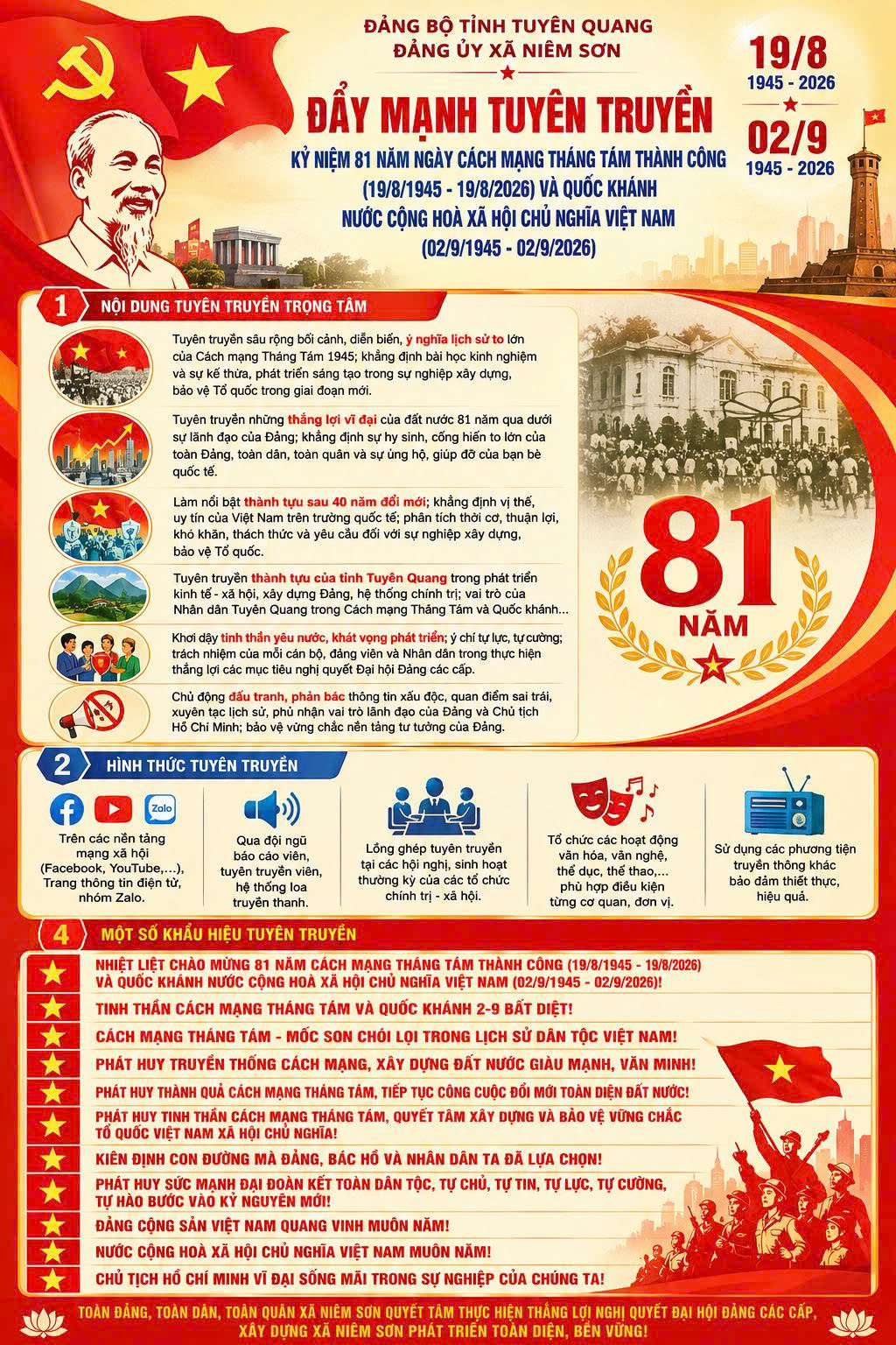 Tuyên truyền kỷ niệm 81 năm Ngày Cách mạng tháng Tám thành công (19/8/1945 - 19/8/2026) và Quốc khánh nước Cộng hòa xã hội chủ nghĩa Việt Nam (02/9/1945 - 02/9/2026)