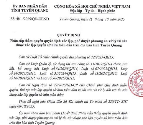 Tuyên Quang ban hành Quyết định phân cấp thẩm quyền xác lập, phê duyệt phương án xử lý tài sản xác lập quyền sở hữu toàn dân