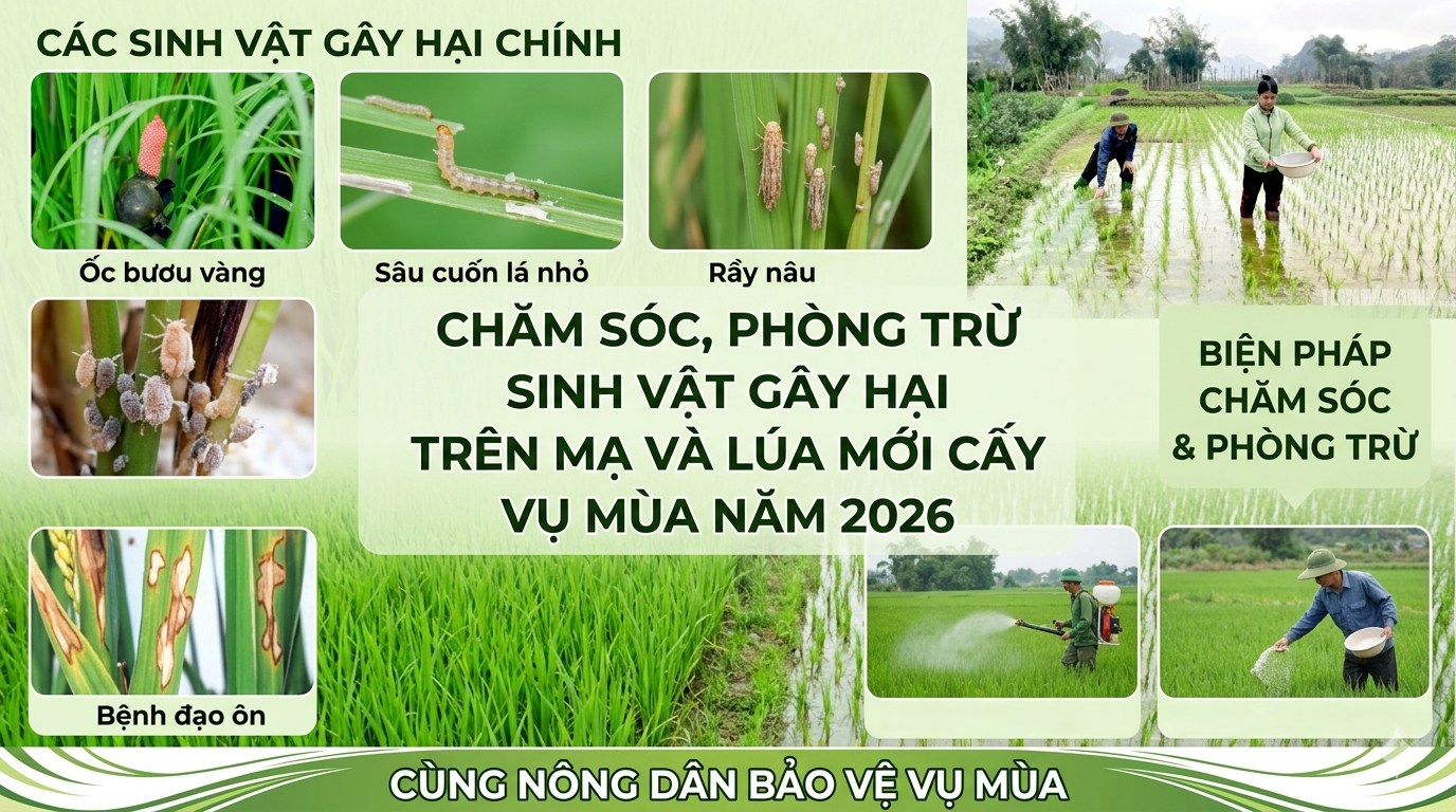 Chăm sóc, phòng trừ sinh vật gây hại trên mạ và lúa mới cấy vụ Mùa năm 2026