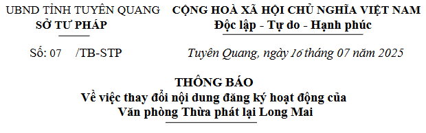Thông báo Về việc thay đổi nội dung đăng ký hoạt động của Văn phòng Thừa phát lại Long Mai 