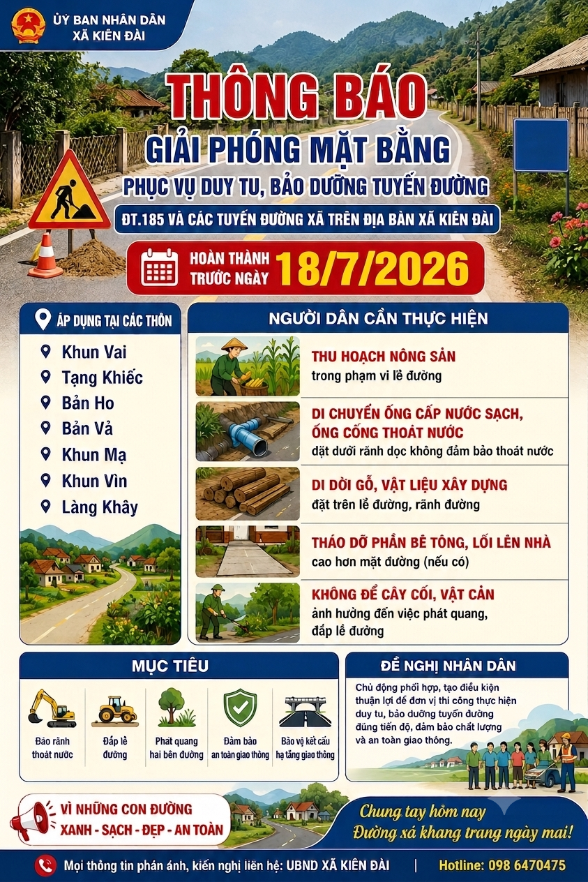UBND xã Kiên Đài Thông báo Giải phóng mặt bằng phục vụ duy tu, bảo dưỡng tuyến đường