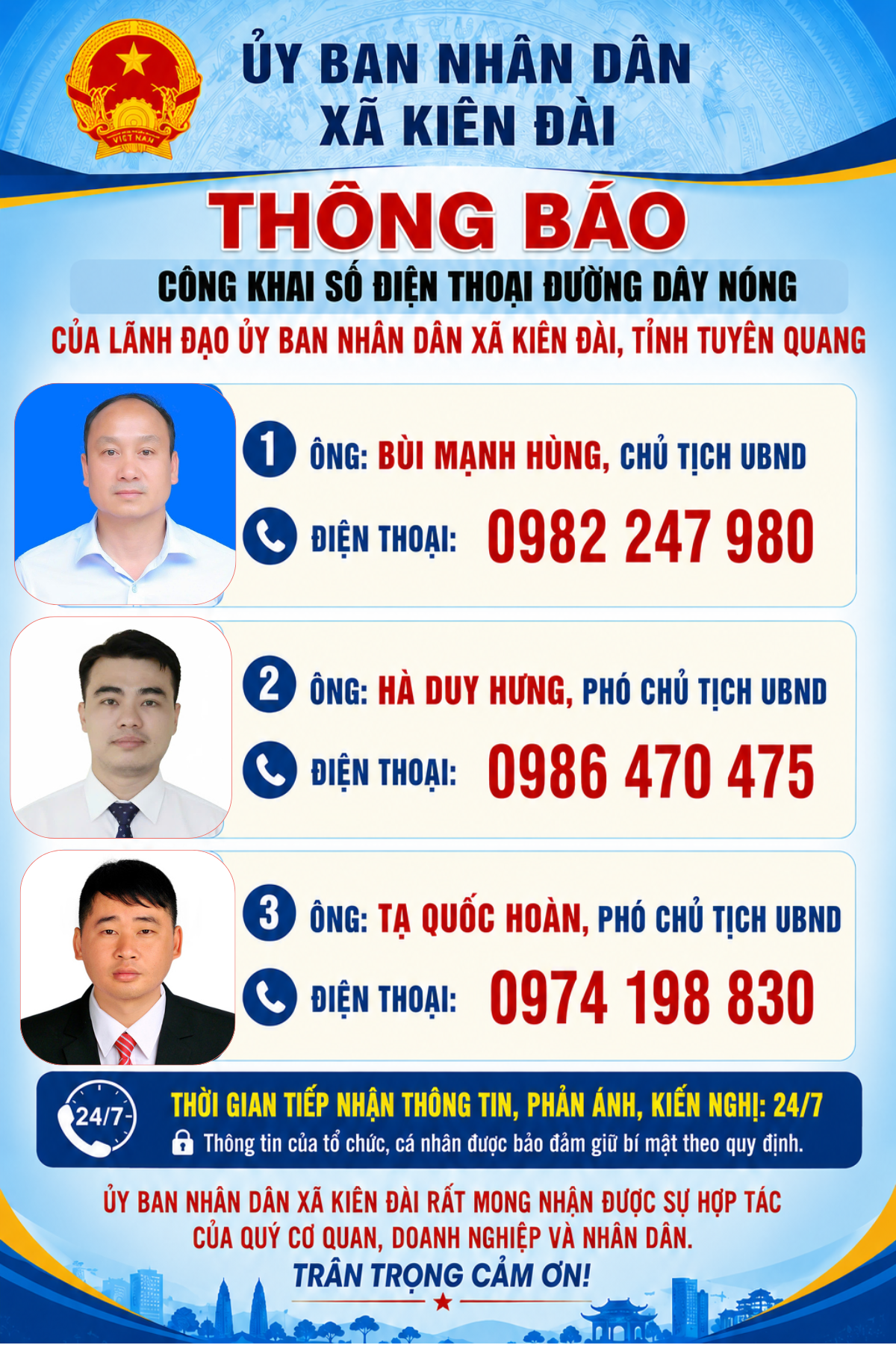 Thông báo công khai số điện thoại đường dây nóng của lãnh đạo UBND xã Kiên Đài