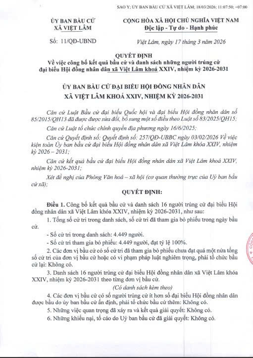 Quyết định công bố kết quả bầu cử và danh sách những người trúng cử đại biểu Hội đồng nhân dân xã Việt Lâm khóa XXIV, nhiệm kỳ 2026-2031