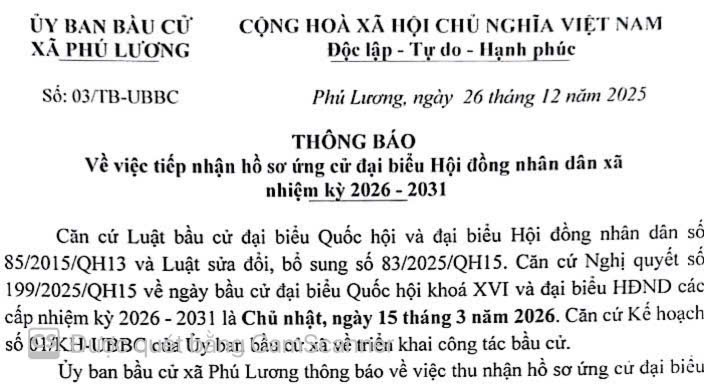 THÔNG BÁO TIẾP NHẬN HỒ SƠ ỨNG CỬ ĐẠI BIỂU HĐND XÃ