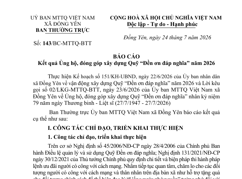 Số: 143/BC-MTTQ-BTT BÁO CÁO Kết quả Ủng hộ, đóng góp xây dựng Quỹ “Đền ơn đáp nghĩa” năm 202
