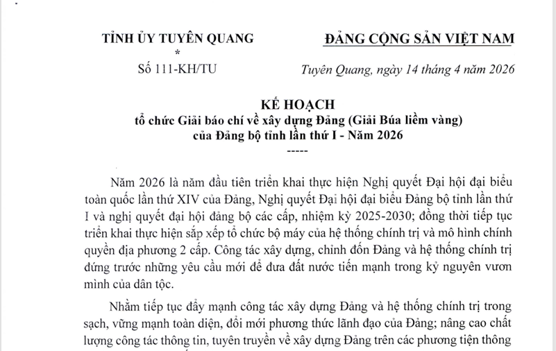Số: 111-KH/TU KẾ HOẠCH  Tổ chức Giải báo chí về xây dựng Đảng