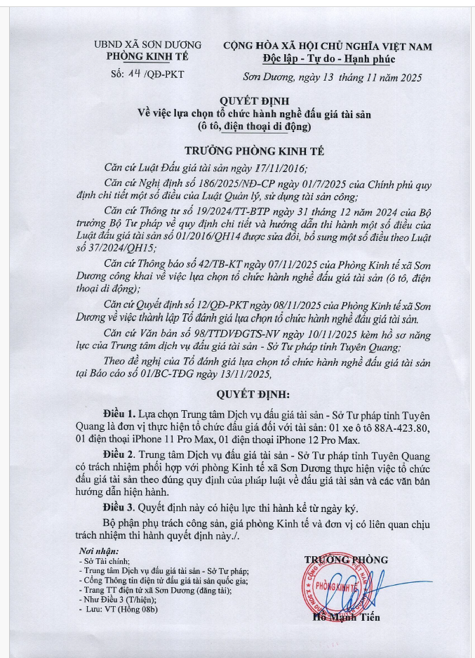 Quyết định lựa chọn tổ chức hành nghề đấu giá tài sản