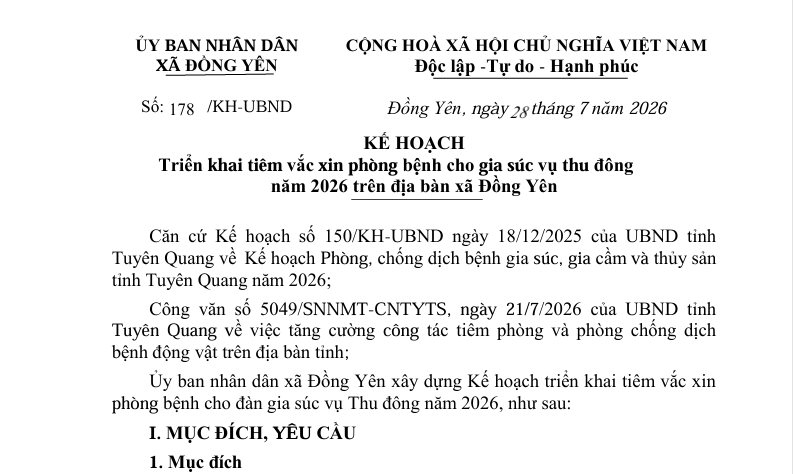Số: 178/KH-UBND  KẾ HOẠCH  Triển khai tiêm vắc xin phòng bệnh cho gia súc vụ thu đông  năm 2026 trên địa bàn xã Đồng Yên 