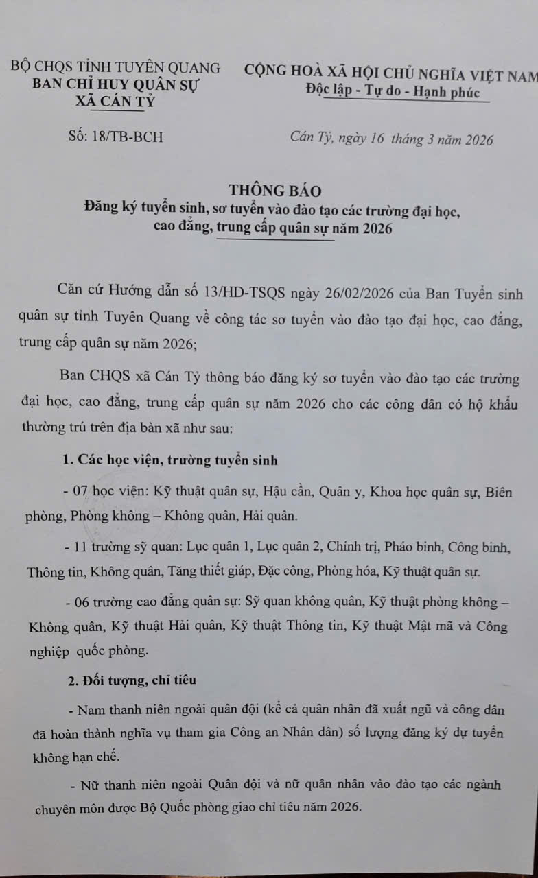 THÔNG BÁO: TUYỂN SINH QUÂN SỰ VÀO CÁC HỌC VIỆN, TRƯỜNG QUÂN ĐỘI NĂM 2026