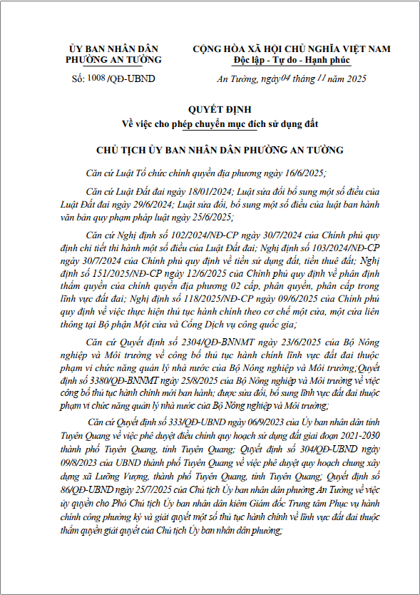 CÁC QUYẾT ĐỊNH CHUYỂN MỤC ĐÍCH SỬ DỤNG ĐẤT TRÊN ĐỊA BÀN PHƯỜNG AN TƯỜNG 
