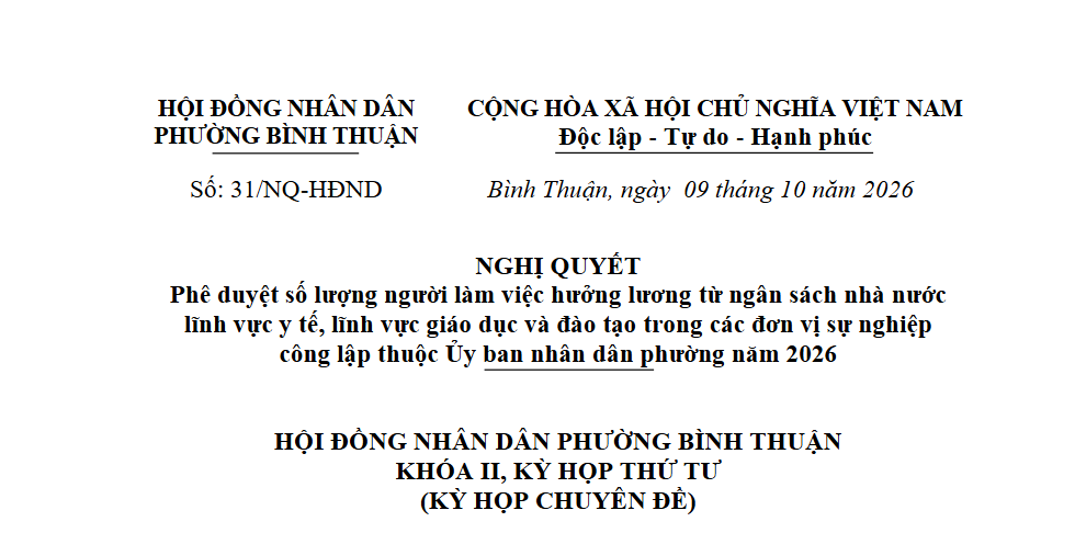Nghị quyết Phê duyệt số lượng người làm việc hưởng lương từ ngân sách nhà nước lĩnh vực y tế, lĩnh vực giáo dục và đào tạo trong các đơn vị sự nghiệp công lập thuộc Ủy ban nhân dân phường năm 2026