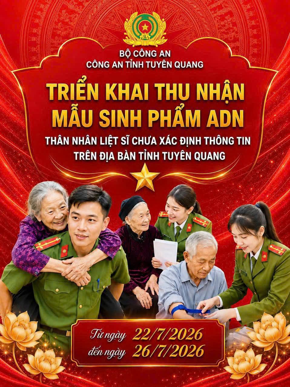 CÔNG AN TỈNH TUYÊN QUANG NỖ LỰC, QUYẾT TÂM HOÀN THÀNH XUẤT SẮC ĐỢT CAO ĐIỂM THU NHẬN MẪU ADN CHO THÂN NHÂN LIỆT SĨ CHƯA XÁC ĐỊNH DANH TÍNH 