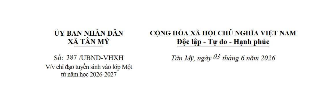 Công văn V/v chỉ đạo tuyển sinh vào lớp Một từ năm học 2026-2027