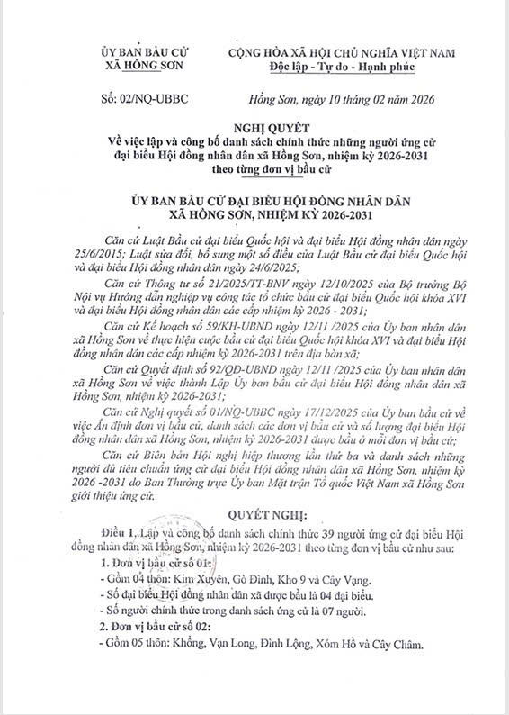 Nghị quyết về việc lập và công bố danh sách chính thức những người ứng cử đại biểu Hội đồng nhân dân xã Hồng Sơn, nhiệm kỳ 2026-2031 theo từng đơn vị bầu cử
