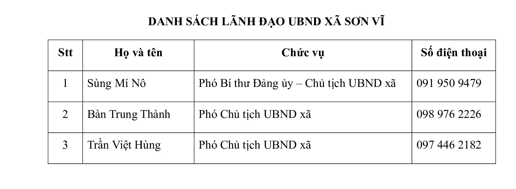 DANH SÁCH LÃNH ĐẠO UBND XÃ SƠN VĨ