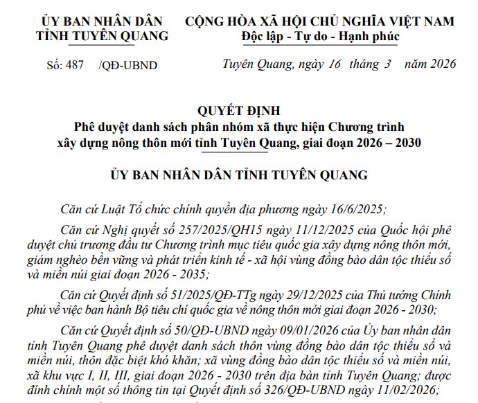 Quyết định của UBND tỉnh phê duyệt danh sách phân nhóm xã thực hiện Chương trình xây dựng nông thôn mới tỉnh Tuyên Quang, giai đoạn 2026-2030