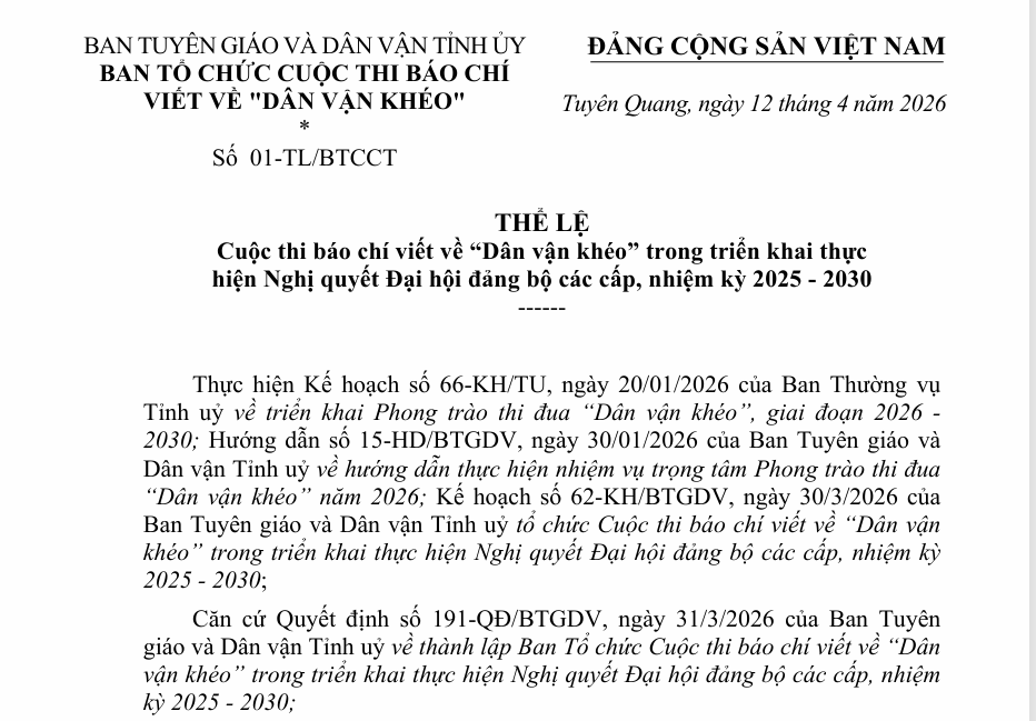 Số  01-TL/BTCCT - THỂ LỆ  Cuộc thi báo chí viết về “Dân vận khéo” trong triển khai thực  hiện Nghị quyết Đại hội đảng bộ các cấp, nhiệm kỳ 2025 - 2030