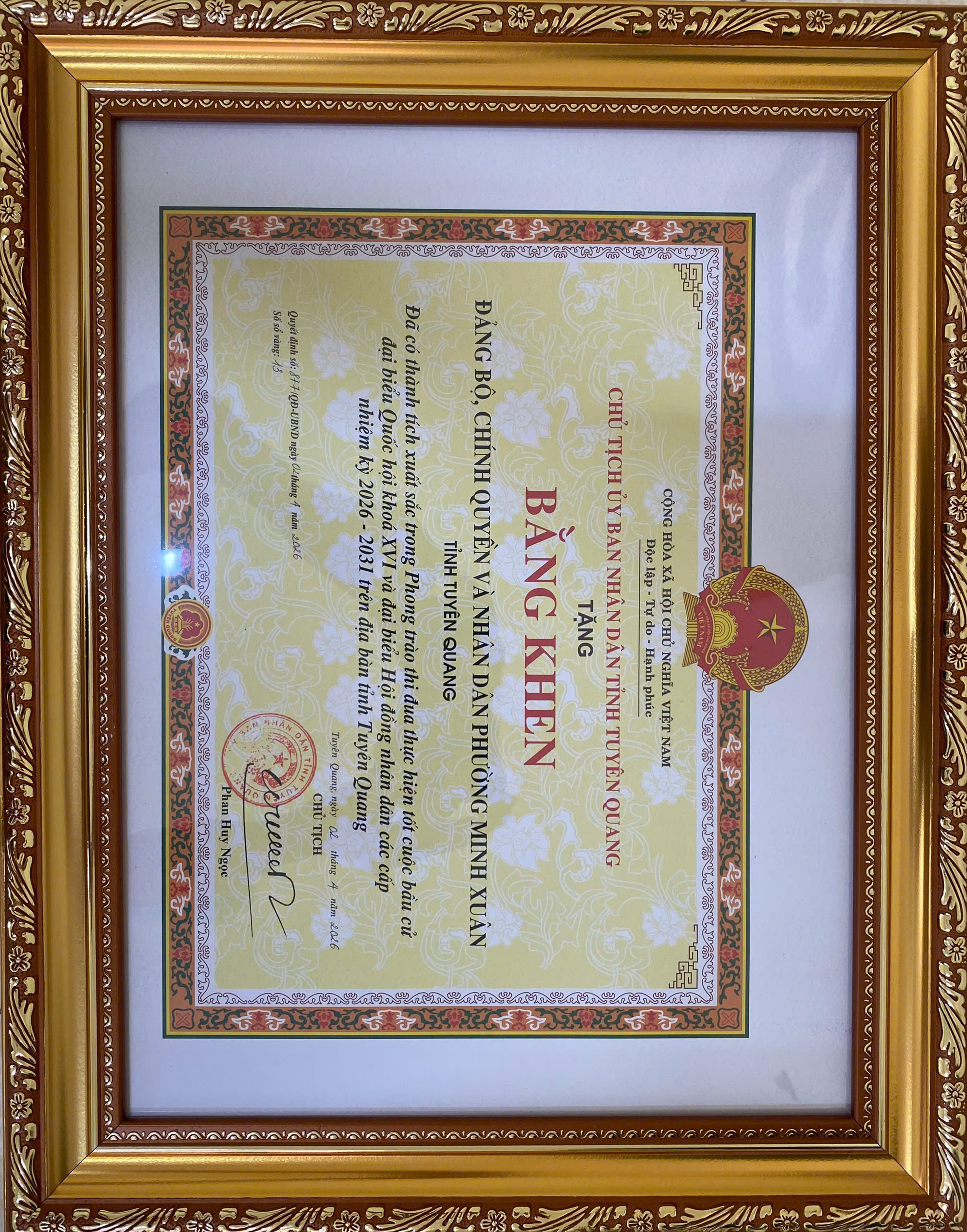 Đảng bộ, chính quyền và nhân dân phường Minh Xuân được tặng Bằng khen có thành tích xuất sắc trong Phong trào thi đua thực hiện tốt cuộc bầu cử đại biểu Quốc hội khóa XVI và đại biểu HĐND các cấp nhiệm kỳ 2026-2031