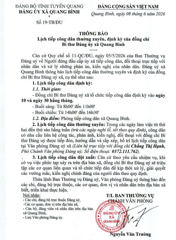 Lịch tiếp công thường xuyên, định kỳ của đồng chí Bí thư Đảng uỷ xã Quang Bình