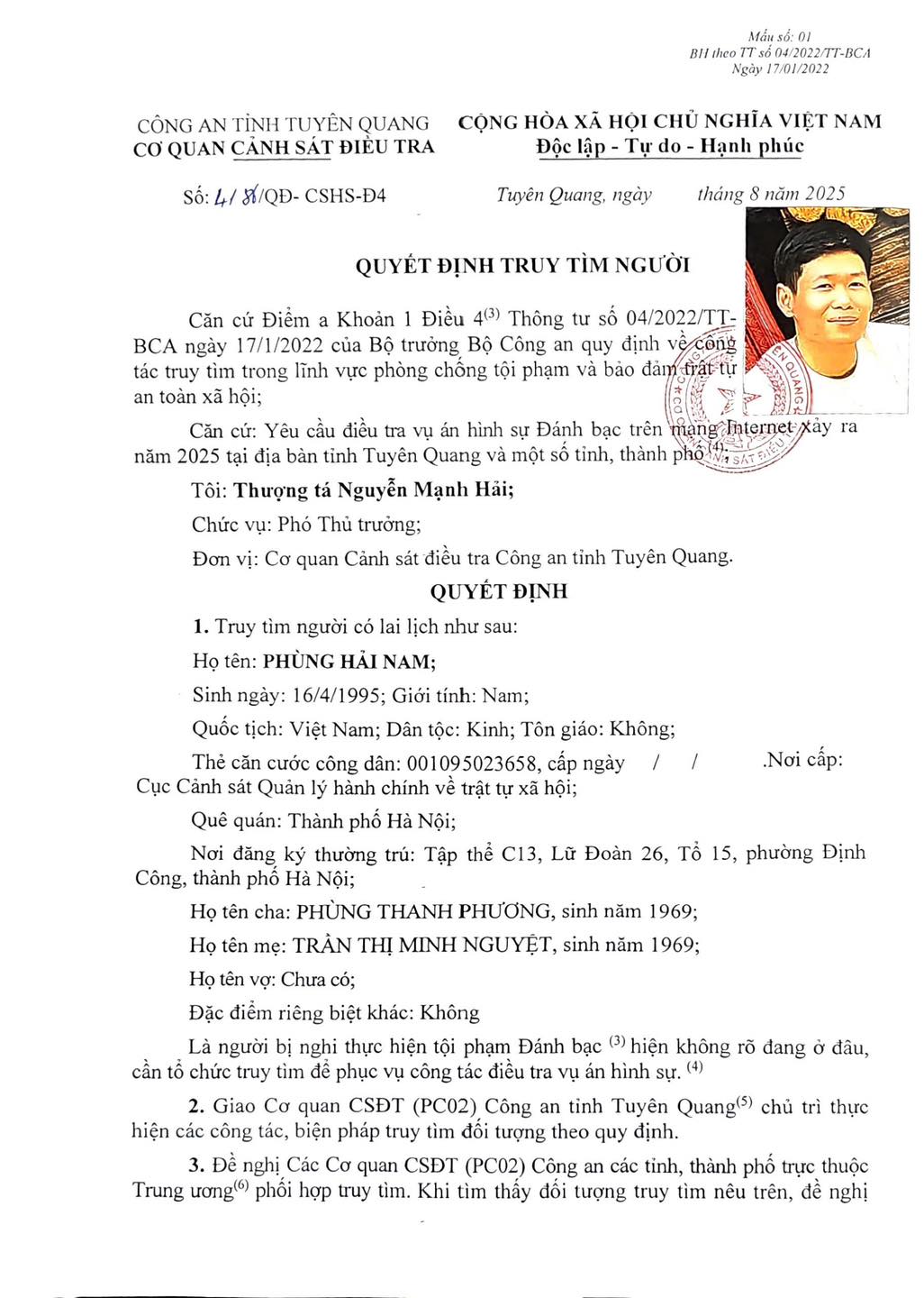 THÔNG BÁO TRUY TÌM NGƯỜI