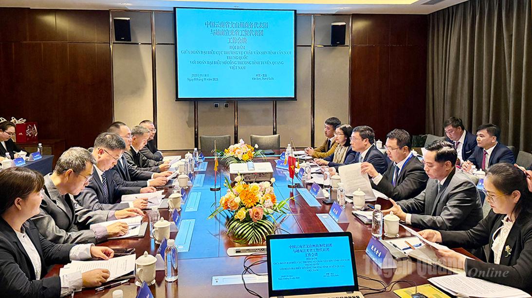 Đoàn đại biểu Sở Công Thương tỉnh Tuyên Quang hội đàm với đoàn đại biểu Cục Thương vụ châu Văn Sơn, tỉnh Vân Nam