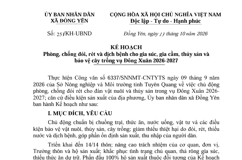 Số: 251/KH-UBND  KẾ HOẠCH  Phòng, chống đói, rét và dịch bệnh cho gia súc, gia cầm, thủy sản và  bảo vệ cây trồng vụ Đông Xuân 2026-2027