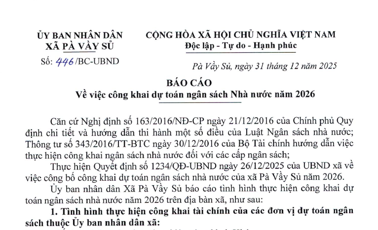 Báo cáo về việc công khai dự toán ngân sách nhà nước năm 2026