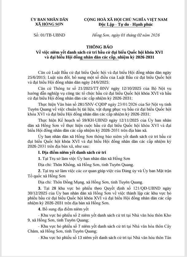 Thông báo Về việc niêm yết danh sách cử tri bầu cử đại biểu Quốc hội khóa XVI  và đại biểu Hội đồng nhân dân các cấp, nhiệm kỳ 2026-2031 