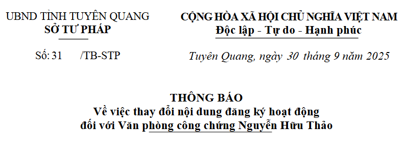 Thông báo số 31/TB-STP ngày 30/9/2025 của Sở Tư pháp