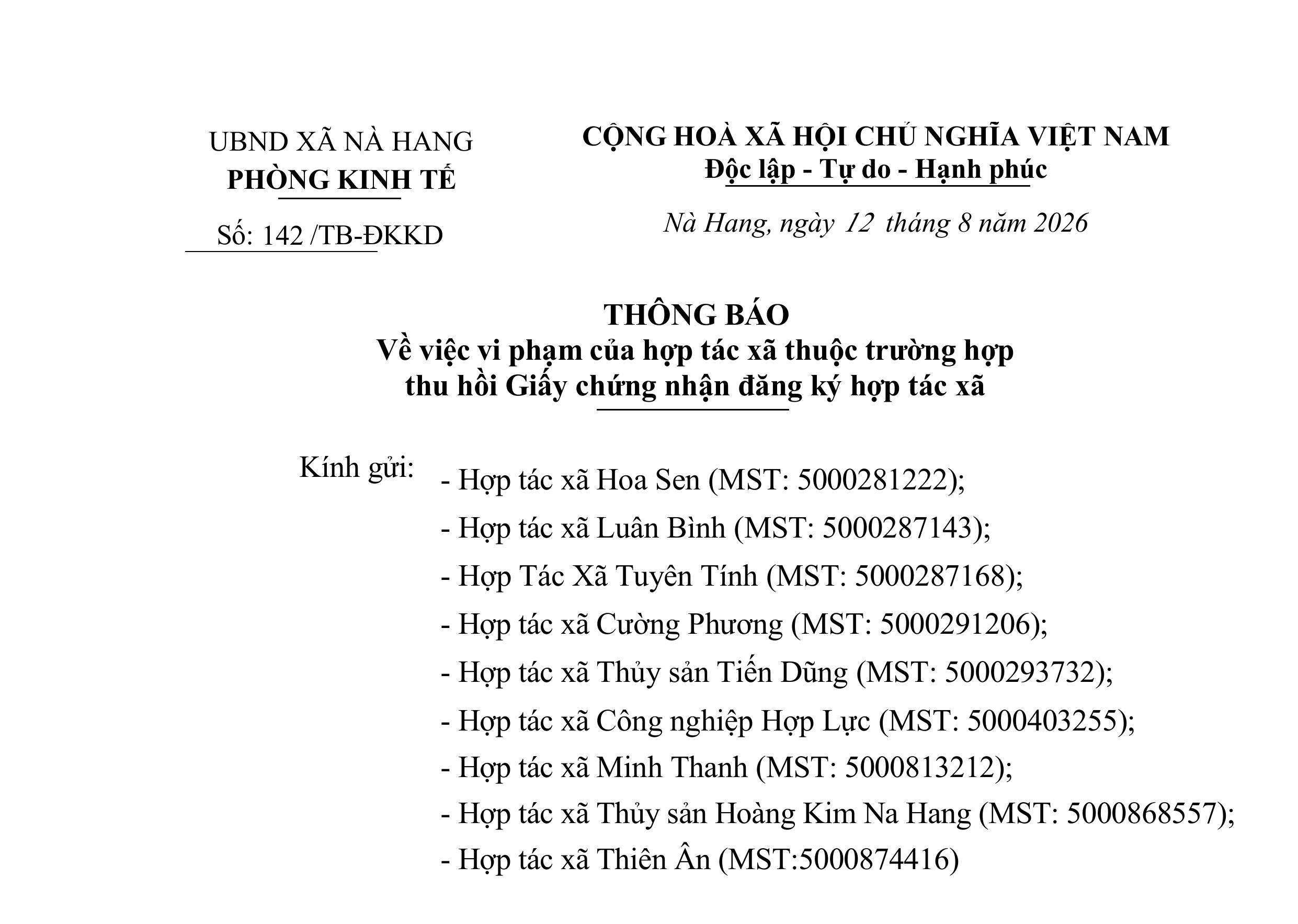 Thông báo về việc vi phạm của hợp tác xã thuộc trường hợp thu hồi Giấy chứng nhận đăng ký hợp tác xã