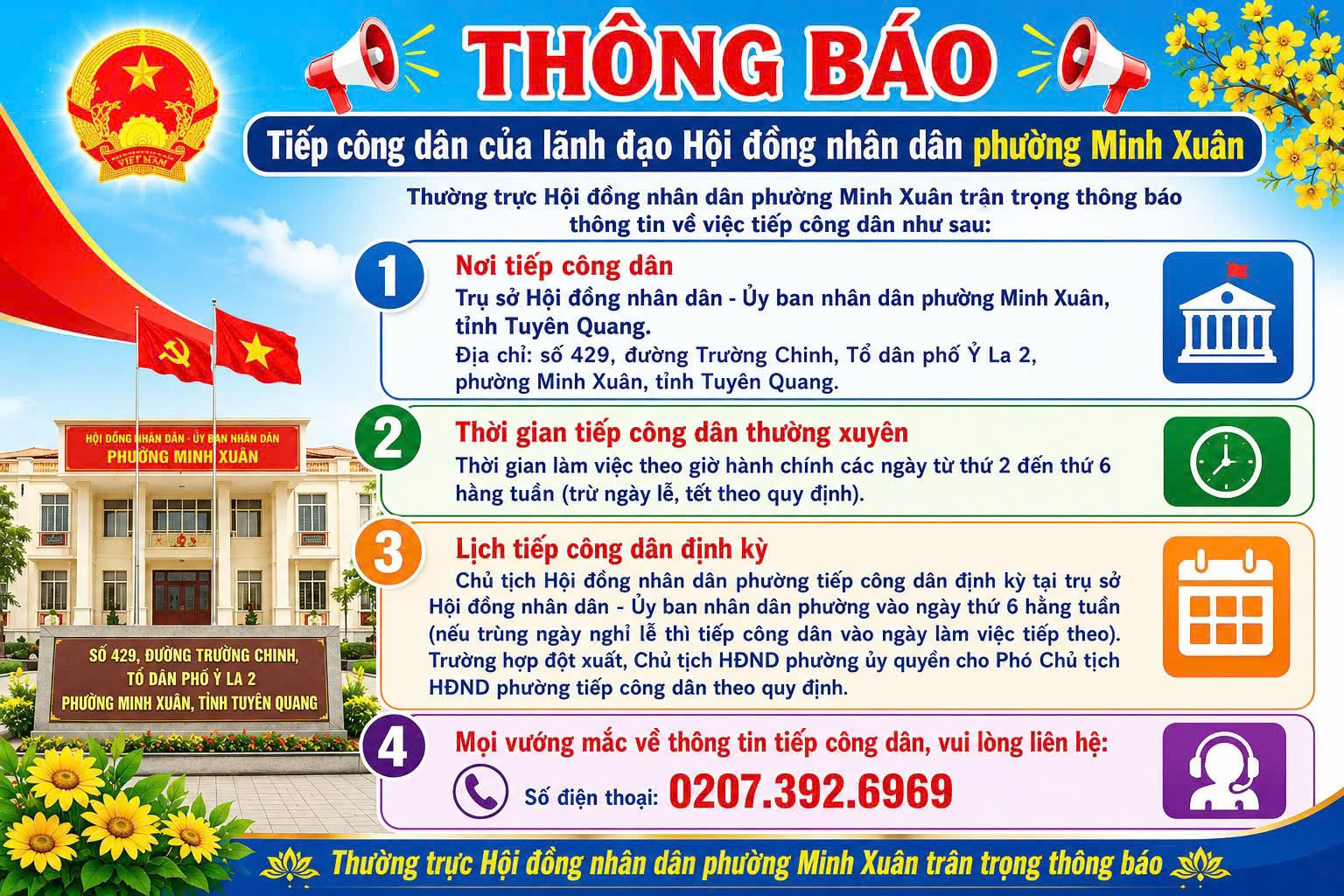 Thường trực Hội đồng nhân dân phường Minh Xuân thông báo thông tin về việc tiếp công dân