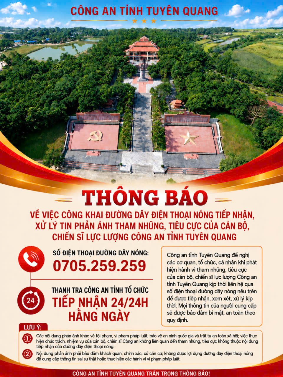 Thông báo về việc công khai đường dây nóng tiếp nhận, xử lý tin phản ánh tham nhũng, tiêu cực của cán bộ, chiến sĩ lực lượng Công an tỉnh Tuyên Quang