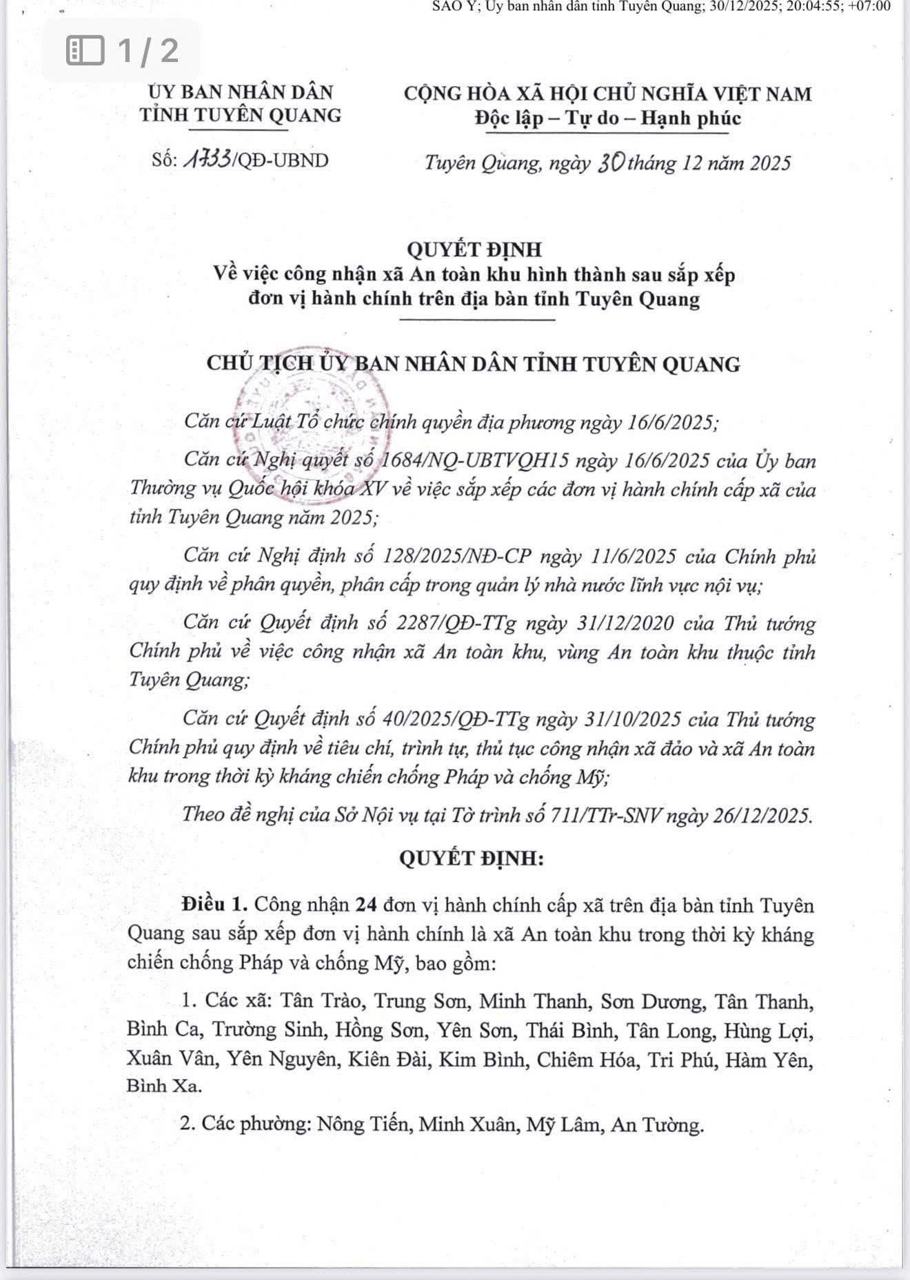 Quyết định về việc công nhận xã An toàn khu hình thành sau sắp xếp đơn vị hành chính trên địa bàn tỉnh Tuyên Quang