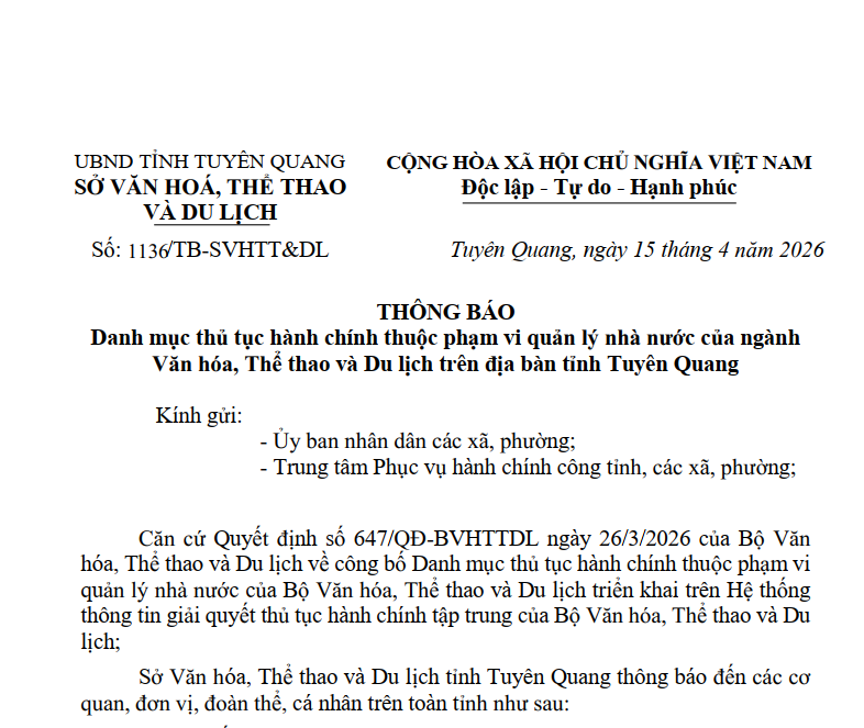 THÔNG BÁO Danh mục thủ tục hành chính thuộc phạm vi quản lý nhà nước của ngành Văn hóa, Thể thao và Du lịch trên địa bàn tỉnh Tuyên Quang