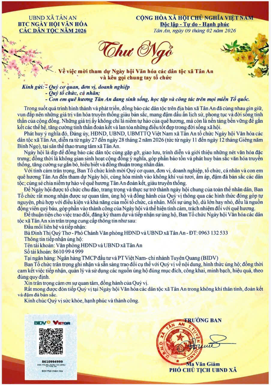 Thư ngỏ về việc mời tham dự Ngày hội Văn hoá các dân t  ộc xã Tân An và kêu gọi chung tay tổ chức