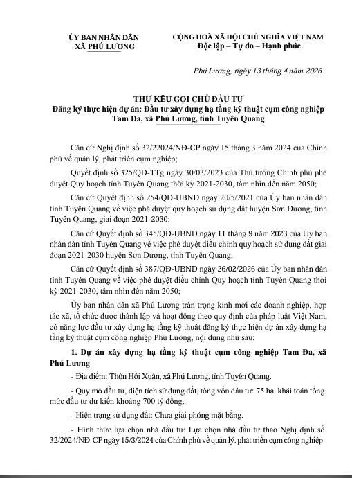 PHÚ LƯƠNG KÊU GỌI ĐẦU TƯ XÂY DỰNG HẠ TẦNG KỸ THUẬT CỤM CÔNG NGHIỆP TAM ĐA