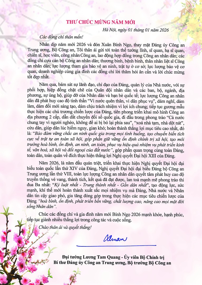 BỘ TRƯỞNG LƯƠNG TAM QUANG GỬI THƯ CHÚC MỪNG NĂM MỚI 2026