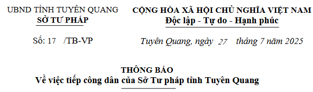 Thông báo về việc tiếp công dân của Sở Tư pháp tỉnh Tuyên Quang