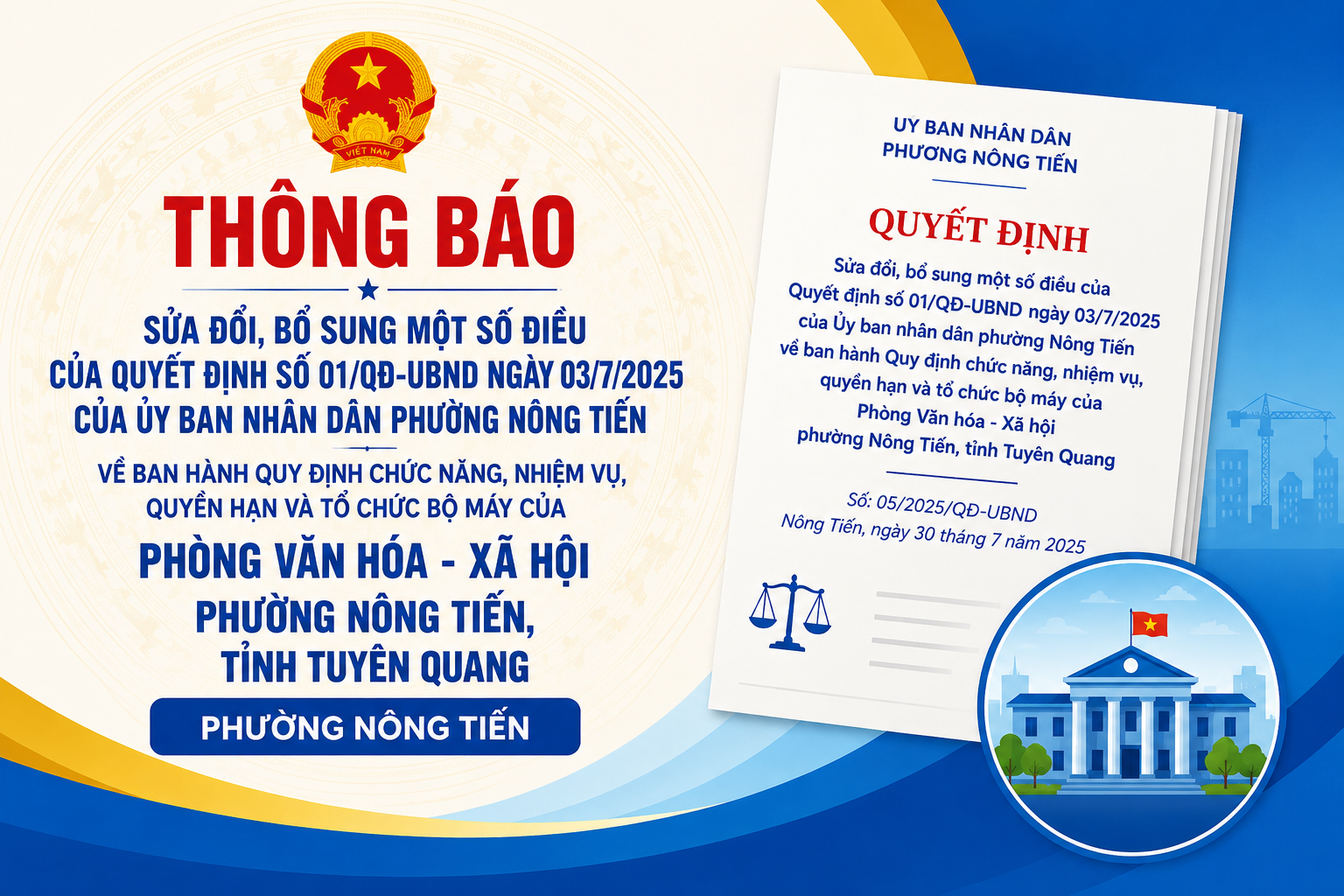 Thông báo Quyết định số 05/QĐ-UBND về việc sửa đổi, bổ sung một số điều của Quyết định số 01/QĐ-UBND về chức năng, nhiệm vụ, quyền hạn và tổ chức bộ máy của Phòng Văn hóa - Xã hội phường Nông Tiến