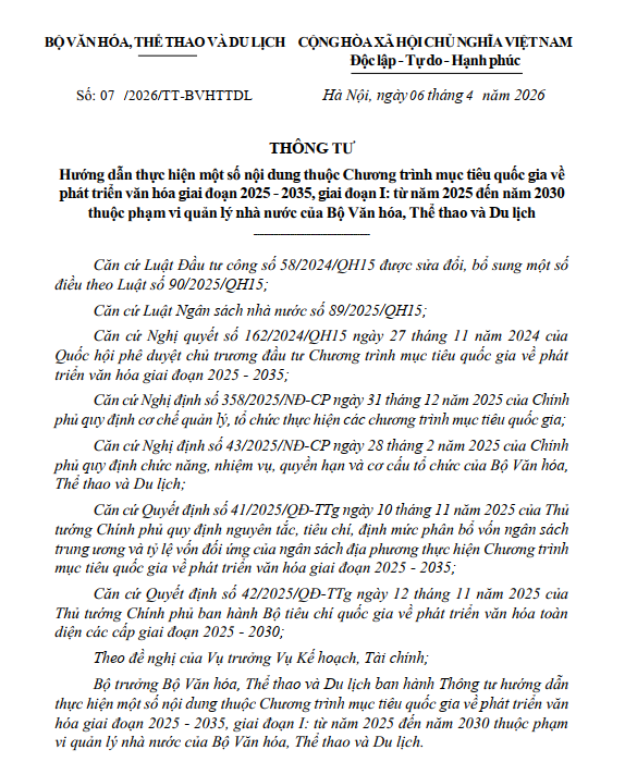 Bộ trưởng Bộ VHTTDL ban hành Thông tư hướng dẫn thực hiện một số nội dung thuộc Chương trình mục tiêu quốc gia về phát triển văn hóa giai đoạn 2025 - 2035, giai đoạn I: từ năm 2025 đến năm 2030 thuộc phạm vi quản lý nhà nước của Bộ.