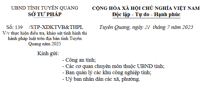 Công văn số 139/STP-XDKTVB&THPL ngày 21/7/2025 của Sở Tư pháp