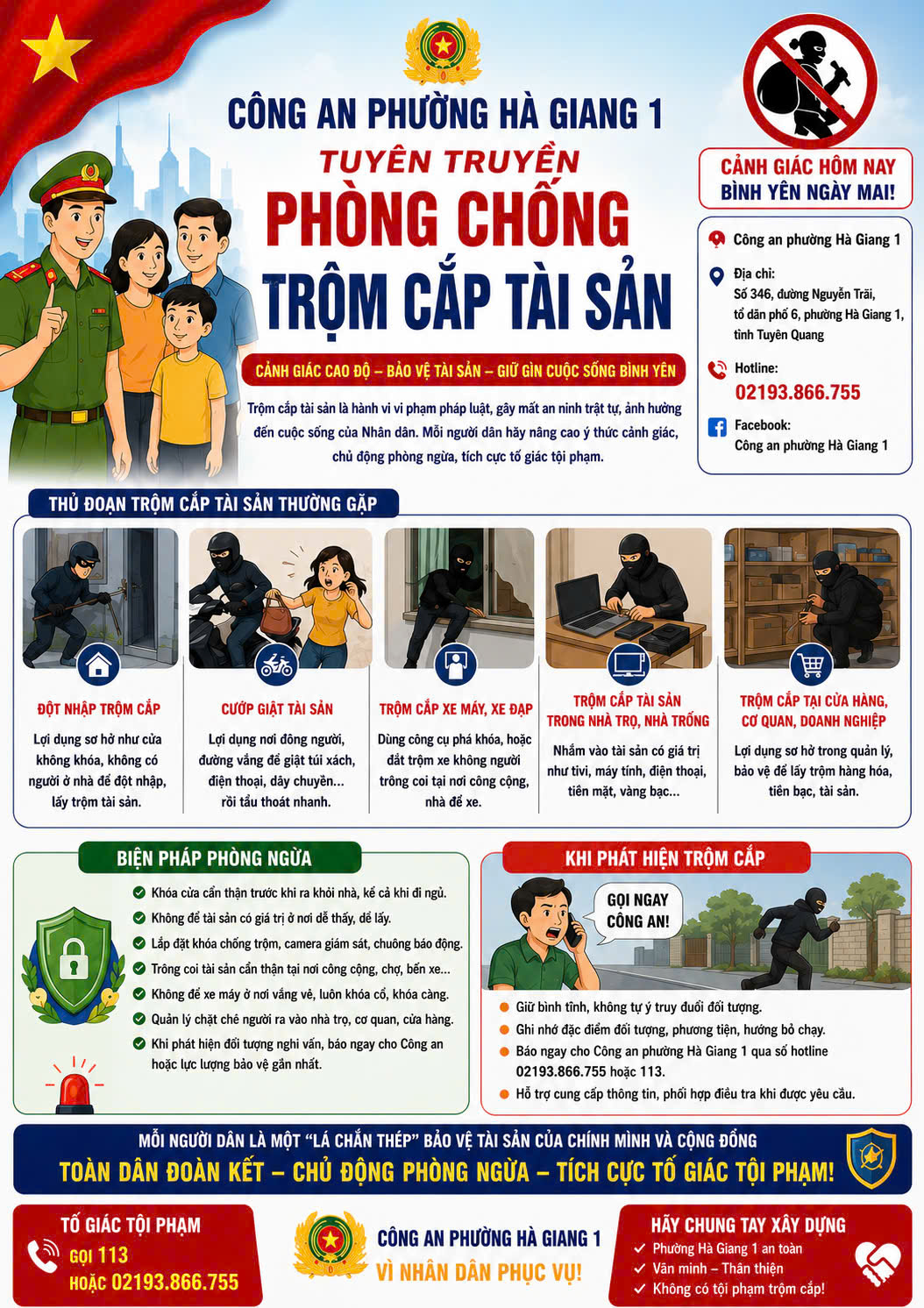 CÔNG AN PHƯỜNG HÀ GIANG 1 KHUYẾN CÁO PHÒNG, CHỐNG TRỘM CẮP TÀI SẢN 	