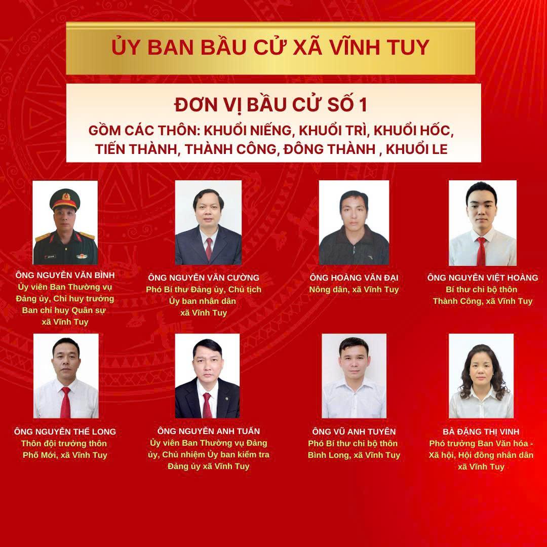 Ủy ban bầu cử xã Vĩnh Tuy thông báo danh sách những người ứng cử đại biểu Hội đồng nhân dân xã Vĩnh Tuy khóa II, Nhiệm kỳ 2026-2031.