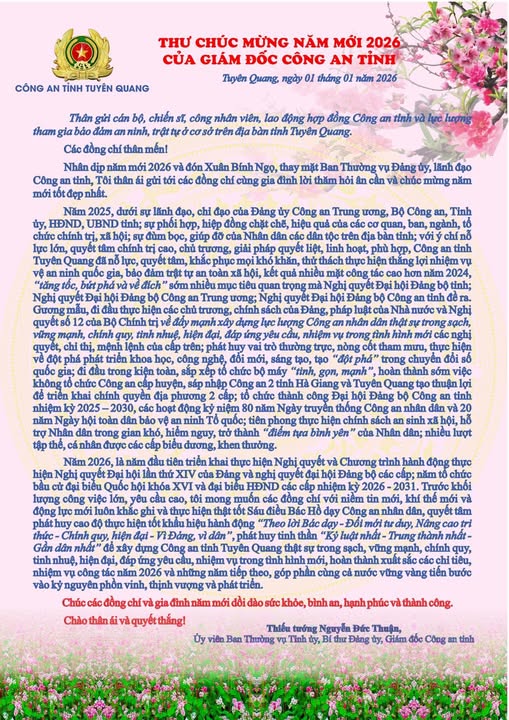 THƯ CHÚC MỪNG NĂM MỚI 2026 CỦA GIÁM ĐỐC CÔNG AN TỈNH TUYÊN QUANG