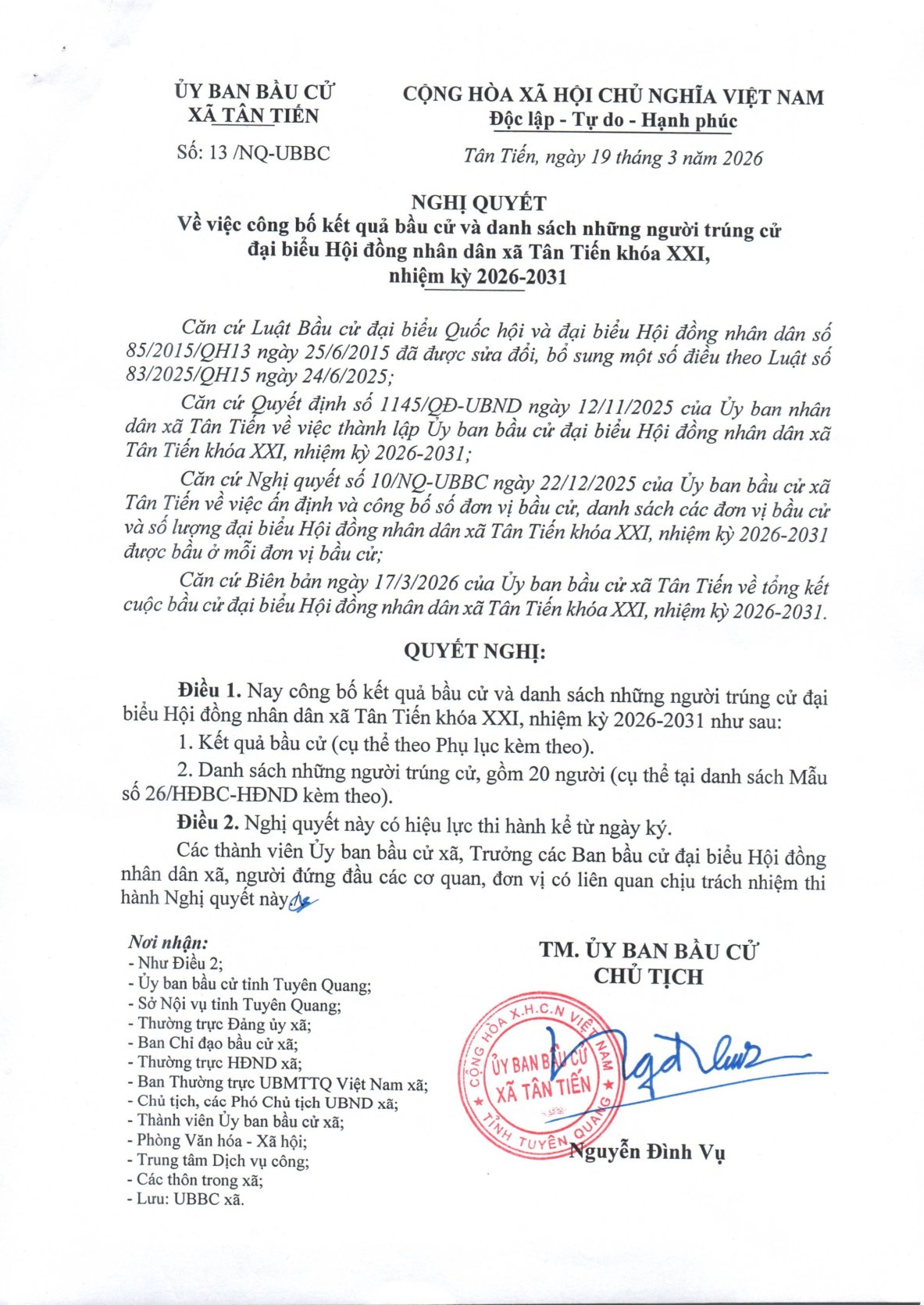 DANH SÁCH NHỮNG NGƯỜI TRÚNG CỬ ĐẠI BIỂU HỘI ĐỒNG NHÂN DÂN XÃ TÂN TIẾN  KHÓA XXI, NHIỆM KỲ 2026-2031.