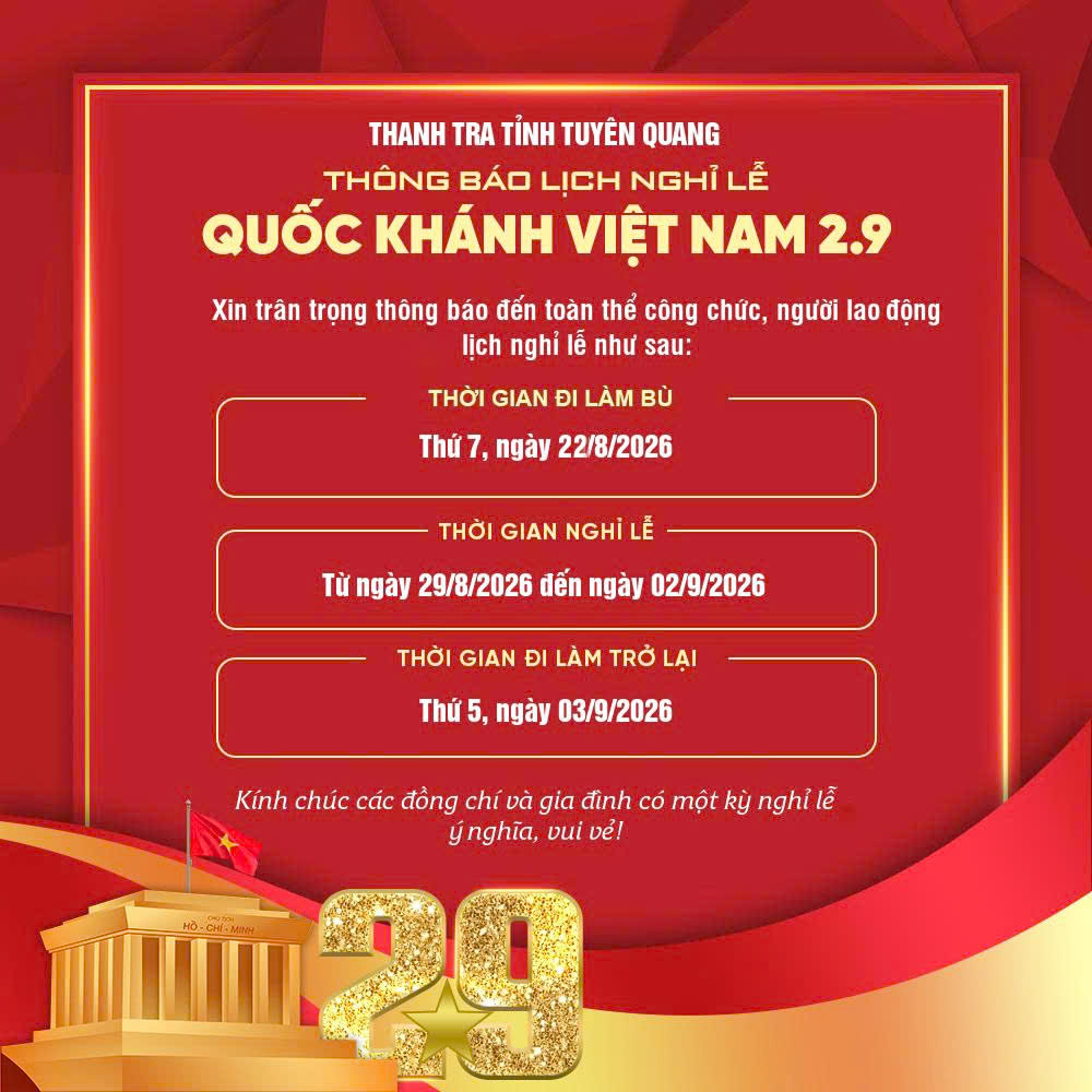 Bộ Nội vụ thông báo lịch nghỉ lễ Quốc khánh năm 2026: Cán bộ, công chức, viên chức được nghỉ 05 ngày liên tiếp