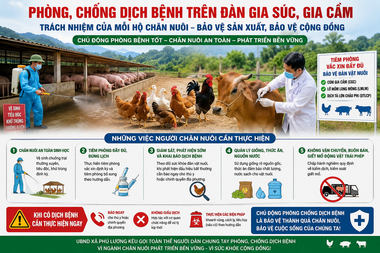 XÃ PHÚ LƯƠNG TĂNG CƯỜNG TUYÊN TRUYỀN, CHỦ ĐỘNG PHÒNG CHỐNG DỊCH BỆNH NGUY HIỂM TRÊN ĐÀN GIA SÚC, GIA CẦM GIAI ĐOẠN 2026 - 2030