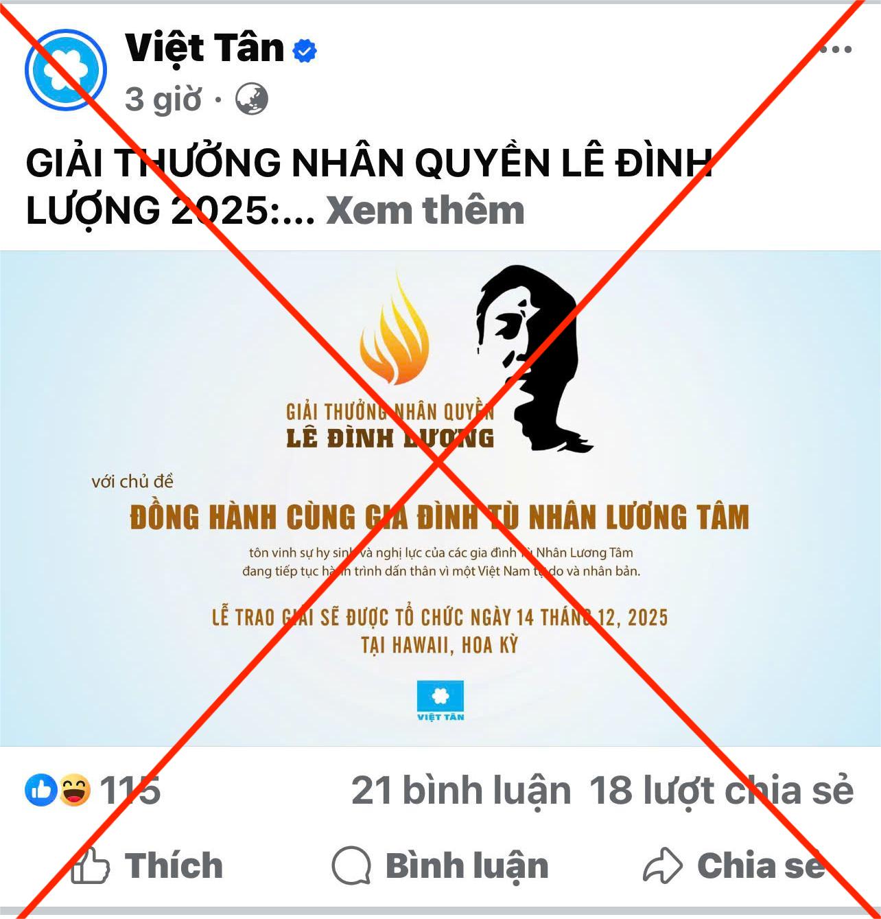 VỎ BỌC NHÂN QUYỀN VÀ BẢN CHẤT CHÍNH TRỊ LÕI ĐỜI: LỘ MẶT CHIÊU TRÒ “GIẢI THƯỞNG NHÂN QUYỀN LÊ ĐÌNH LƯỢNG 2025” CỦA VIỆT TÂN