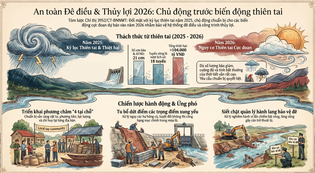 Tăng cường bảo đảm an toàn công trình đê điều, thủy lợi trong mùa mưa, lũ năm 2026