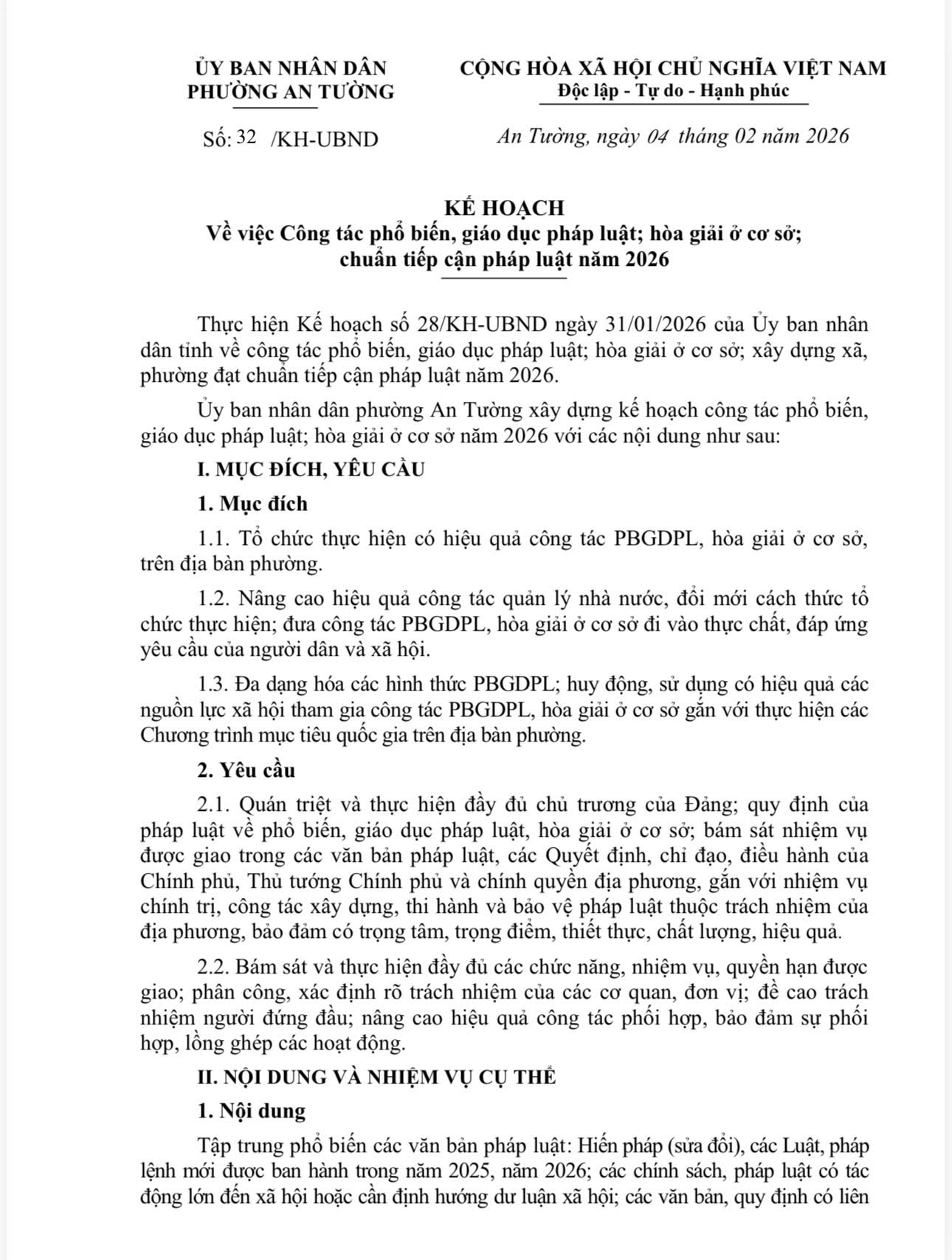 Kế hoạch về việc Công tác phổ biến, giáo dục pháp luật; hòa giải ở cơ sở;   chuẩn tiếp cận pháp luật năm 2026
